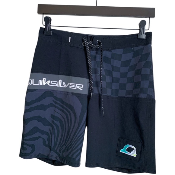 🌞 Quicksilver Mens Boys Swim Trunks Size 26/12 High Line Black Gray Swim Shorts - Picture 1 of 6